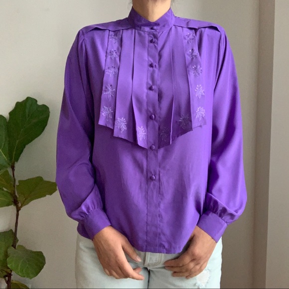 VINTAGE Purple Blouse Shirt Polyester Size M - Picture 7 of 12